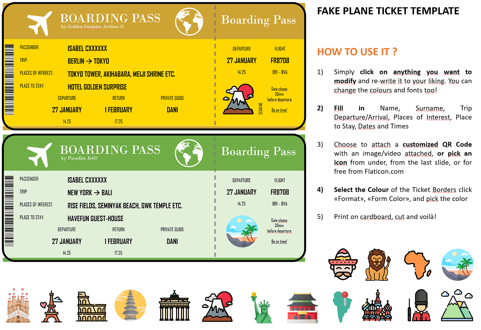 fake airline plane ticket template - instructions how to customize