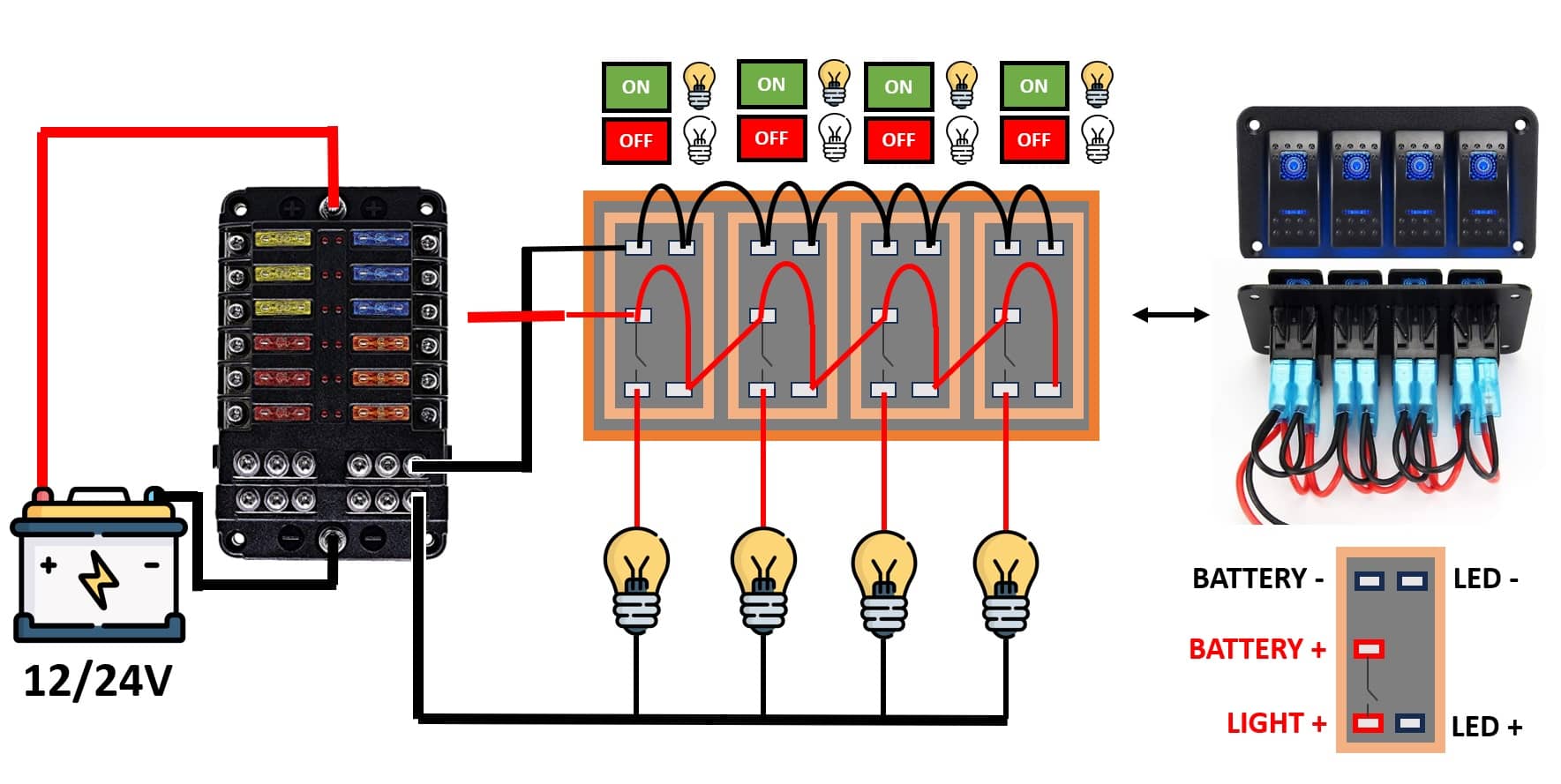 schema di montaggio per un set di rocker switches - set di interruttori a 12-24V DC in parallelo