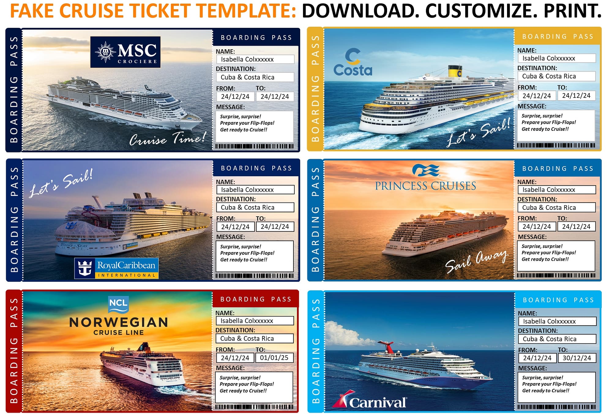 Free Fake Cruise Tickets Boarding Pass Templates for all Companies